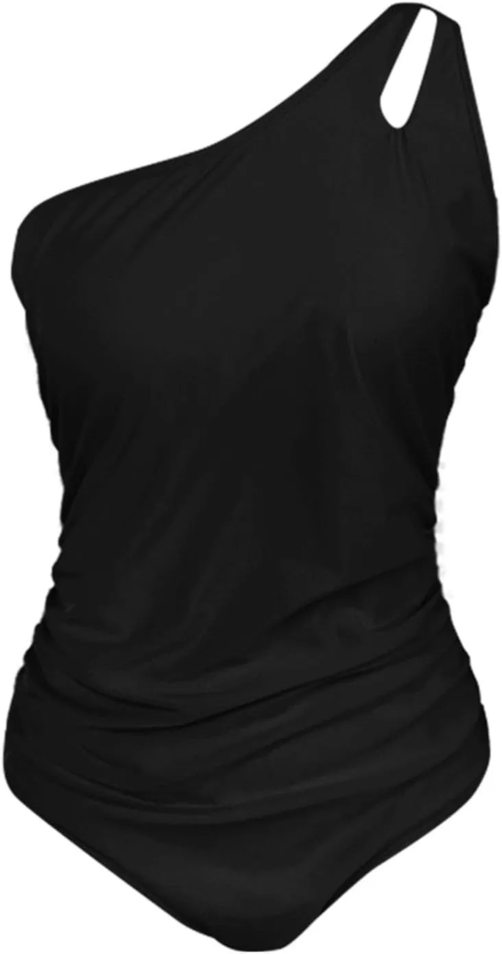 One Shoulder One Piece Swimsuit for Women Tummy Control Bathing Suits Modest Full Coverage Slimming Keyhole Backless Swimwear