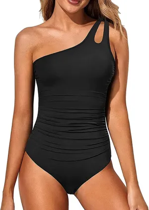 One Shoulder One Piece Swimsuit for Women Tummy Control Bathing Suits Modest Full Coverage Slimming Keyhole Backless Swimwear