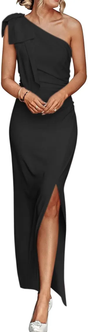 One Shoulder Wedding Guest Dresses for Women Bodycon Satin Formal Dresses for Women Bow Long Cocktail Dresses ACE184