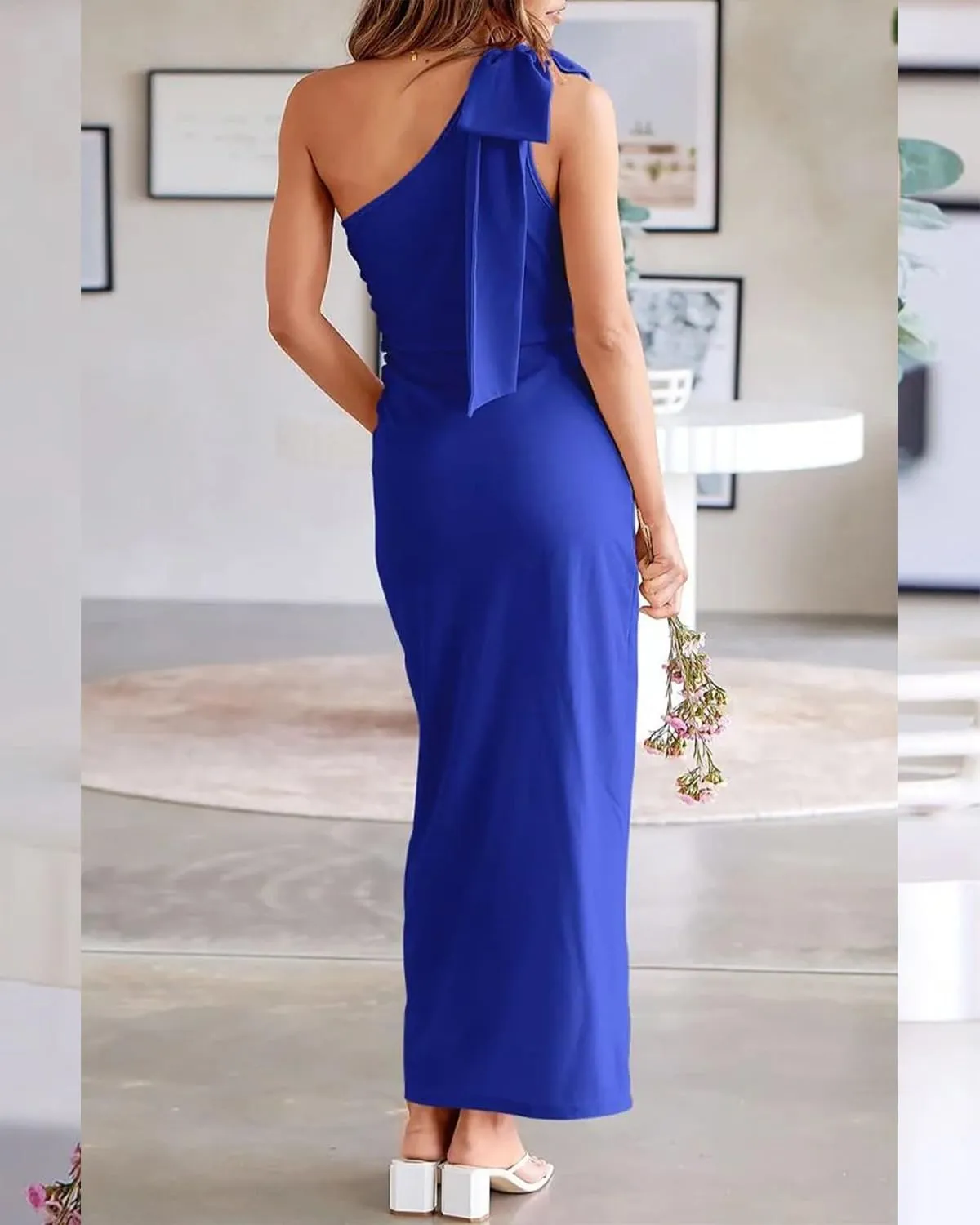 One Shoulder Wedding Guest Dresses for Women Bodycon Satin Formal Dresses for Women Bow Long Cocktail Dresses ACE184