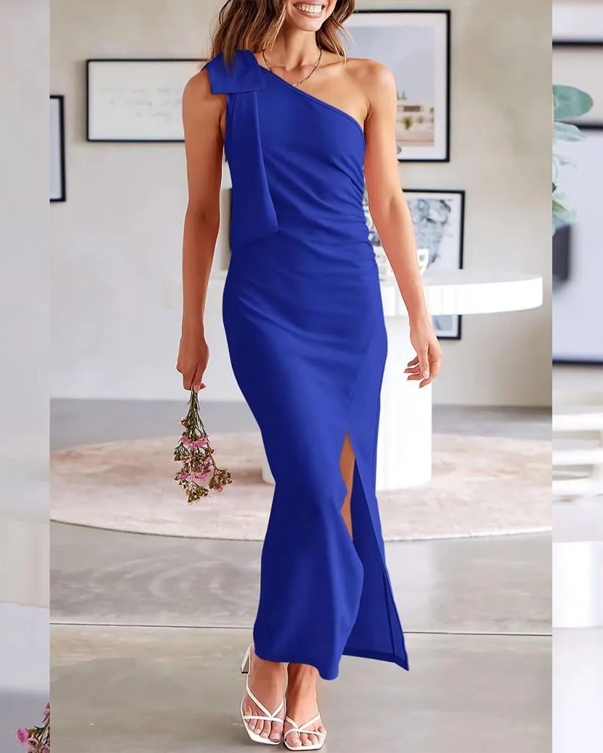 One Shoulder Wedding Guest Dresses for Women Bodycon Satin Formal Dresses for Women Bow Long Cocktail Dresses ACE184