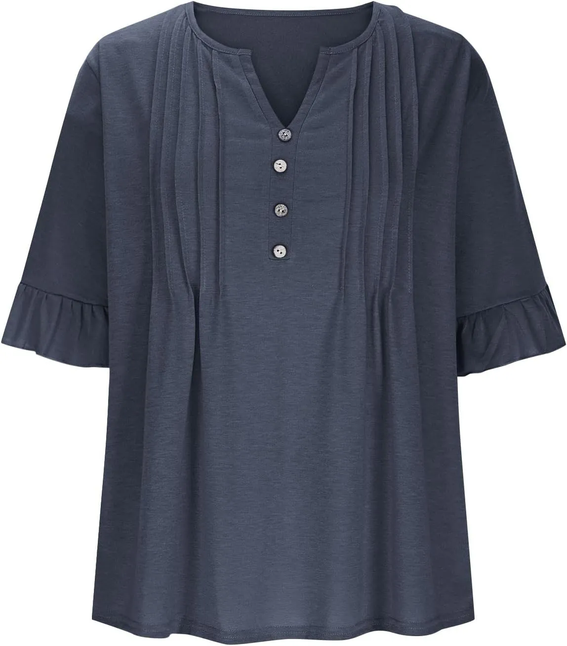 Oplxuo Womens Button Down Shirts Ruffle Short Sleeve V-Neck Pleated Front Tunic Tops Dressy Casual Work Blouses