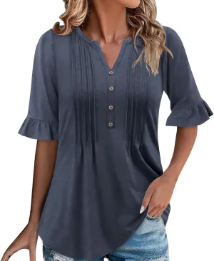 Oplxuo Womens Button Down Shirts Ruffle Short Sleeve V-Neck Pleated Front Tunic Tops Dressy Casual Work Blouses