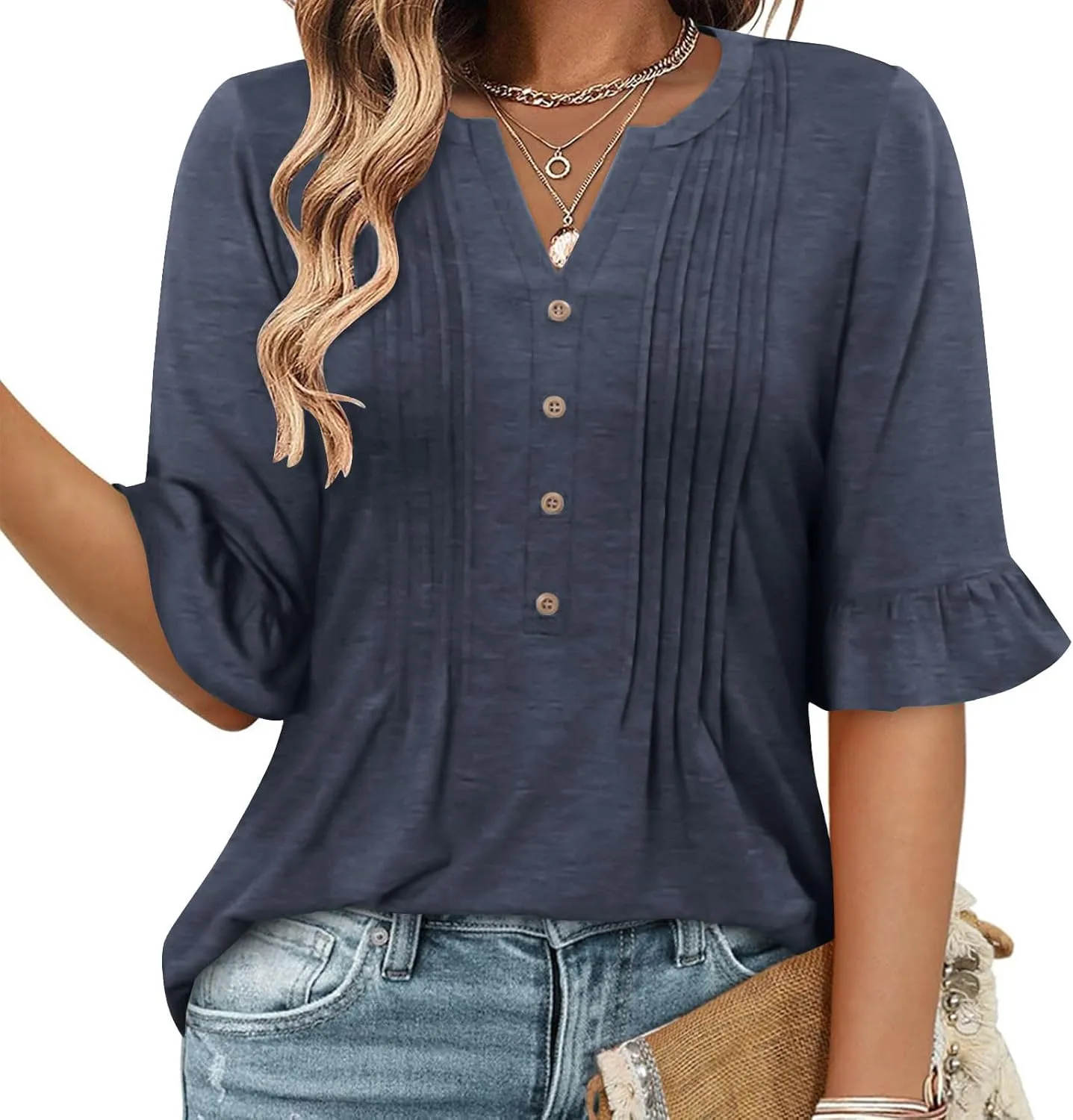 Oplxuo Womens Button Down Shirts Ruffle Short Sleeve V-Neck Pleated Front Tunic Tops Dressy Casual Work Blouses