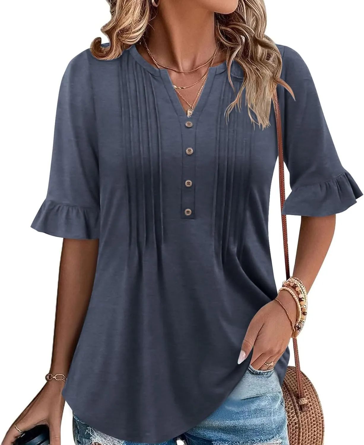 Oplxuo Womens Button Down Shirts Ruffle Short Sleeve V-Neck Pleated Front Tunic Tops Dressy Casual Work Blouses