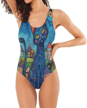 Orange Cat Sunset Low Back One-Piece, One-Piece Swimsuit with Padding Swim Suits for Women