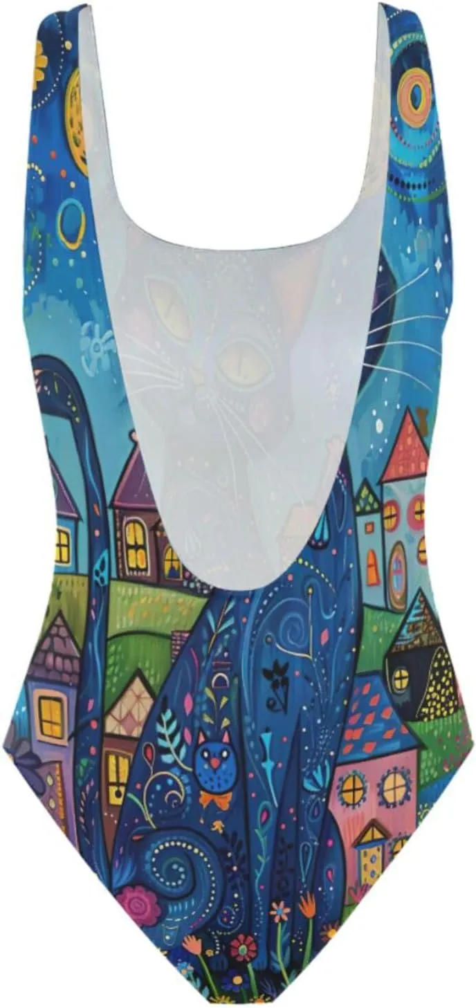Orange Cat Sunset Low Back One-Piece, One-Piece Swimsuit with Padding Swim Suits for Women