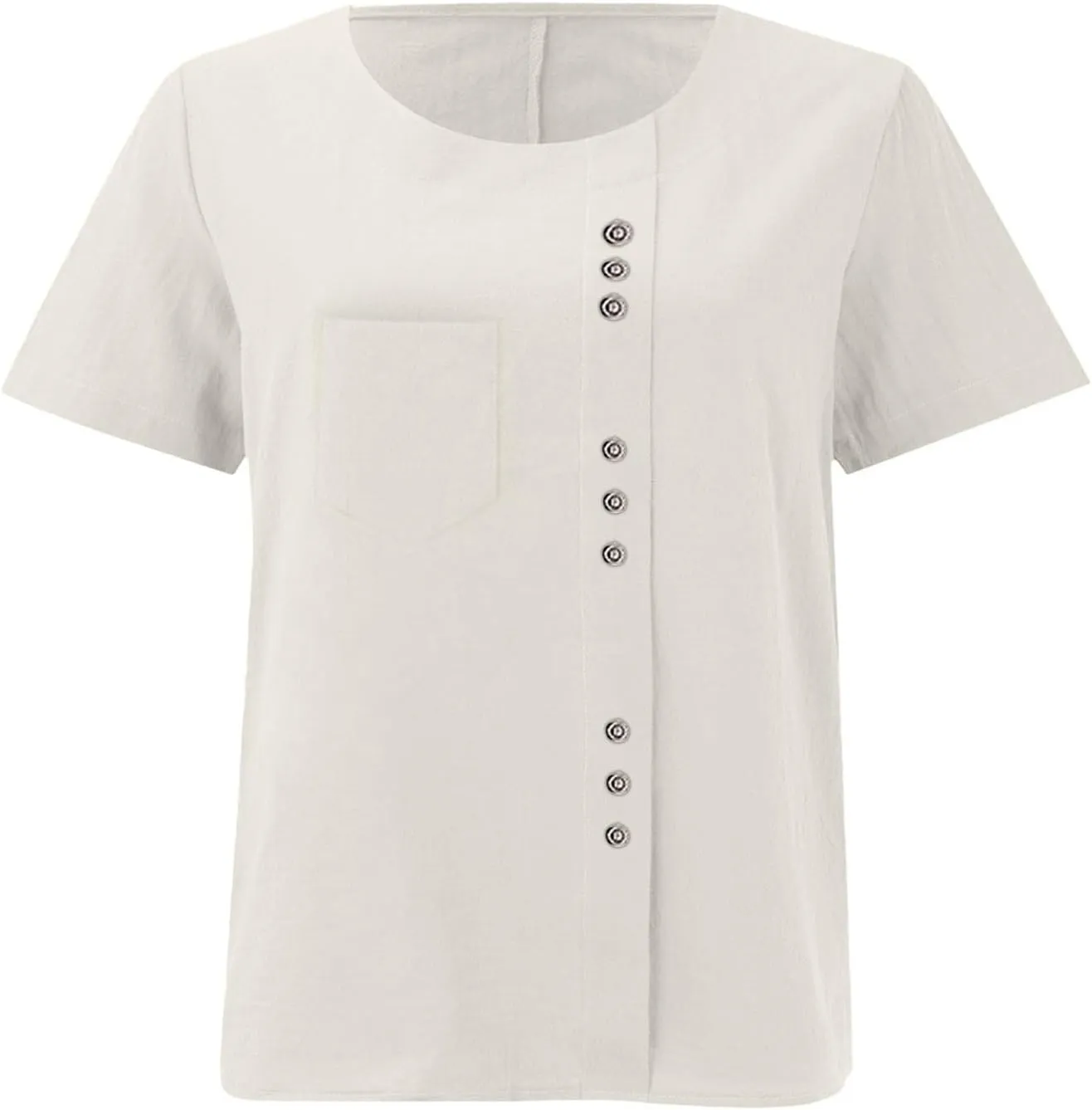 Oversized Crew Neck Linen Tops for Women Short Sleeve Cotton Linen Tee Shirts Workout Buttons Tshirt with Pocket