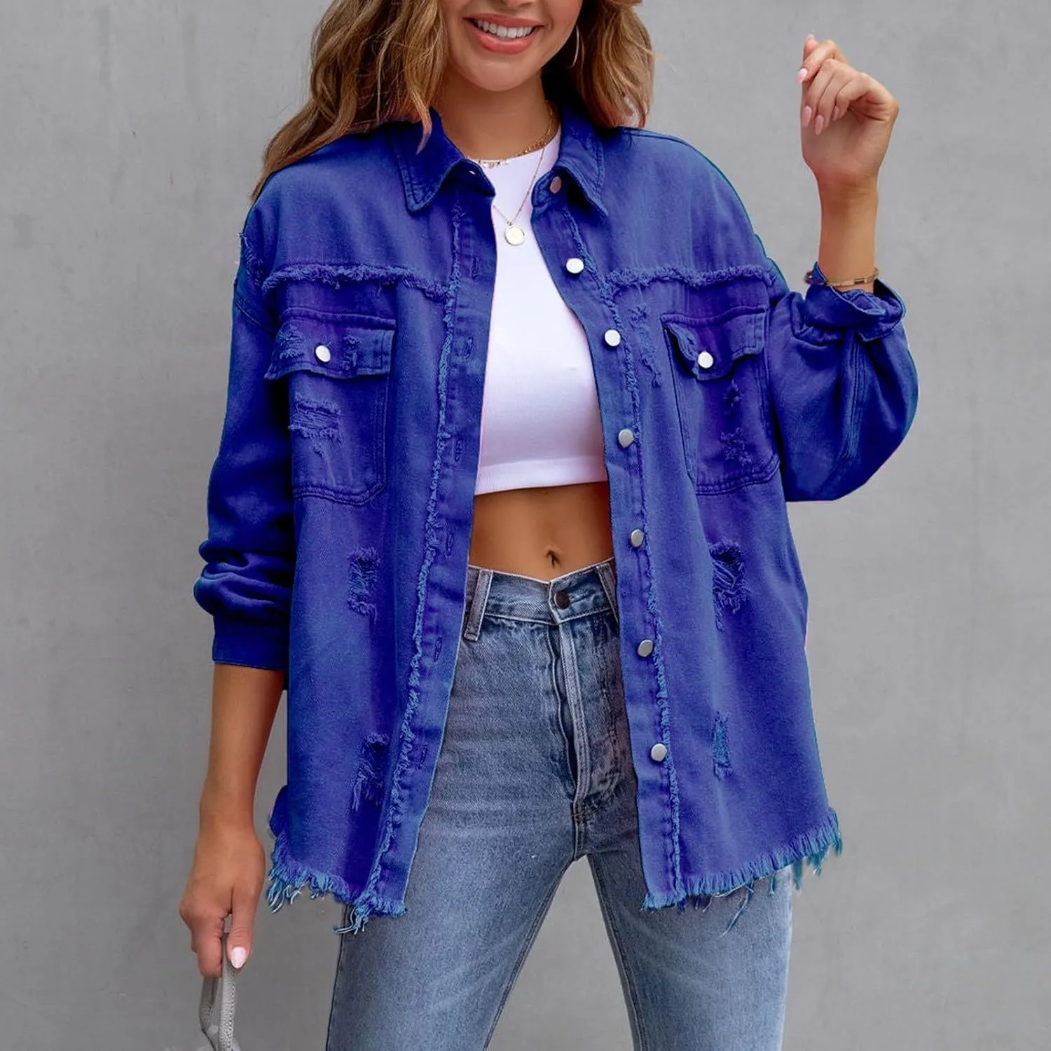 Oversized Denim Jacket Distressed Boyfriend Jean Coat,Jeans Trucker Jacket for Women Jean Jacket