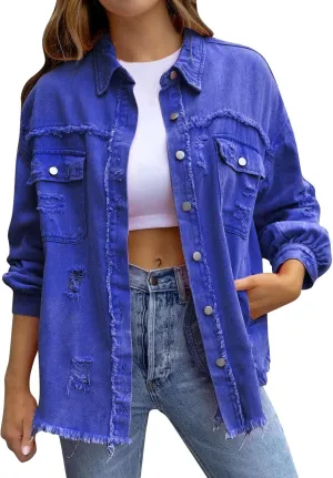 Oversized Denim Jacket Distressed Boyfriend Jean Coat,Jeans Trucker Jacket for Women Jean Jacket