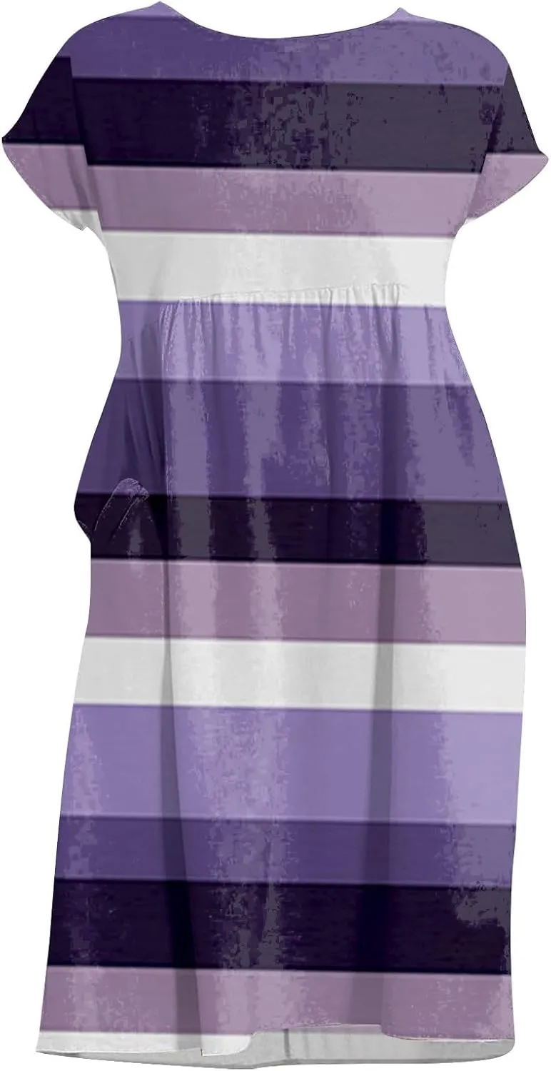 Patchwork Dress for Women Striped Ruched Waist A-Line Casual Summer Dress with Side Pockets