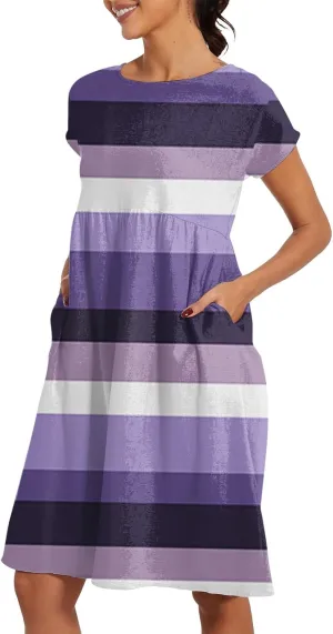Patchwork Dress for Women Striped Ruched Waist A-Line Casual Summer Dress with Side Pockets