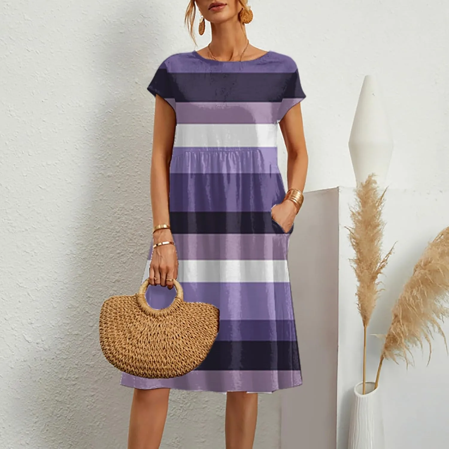 Patchwork Dress for Women Striped Ruched Waist A-Line Casual Summer Dress with Side Pockets