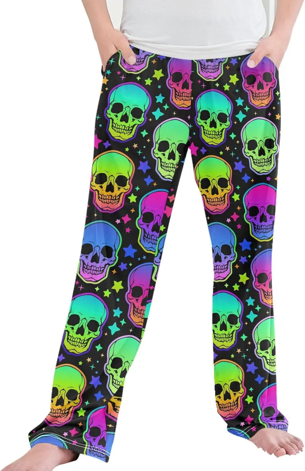 Pigsaly Boys' Pants Neon Bright Human Skulls Long Bottoms Rainbow Stars Jogger Pants Elastic Waist Trousers with Pockets S