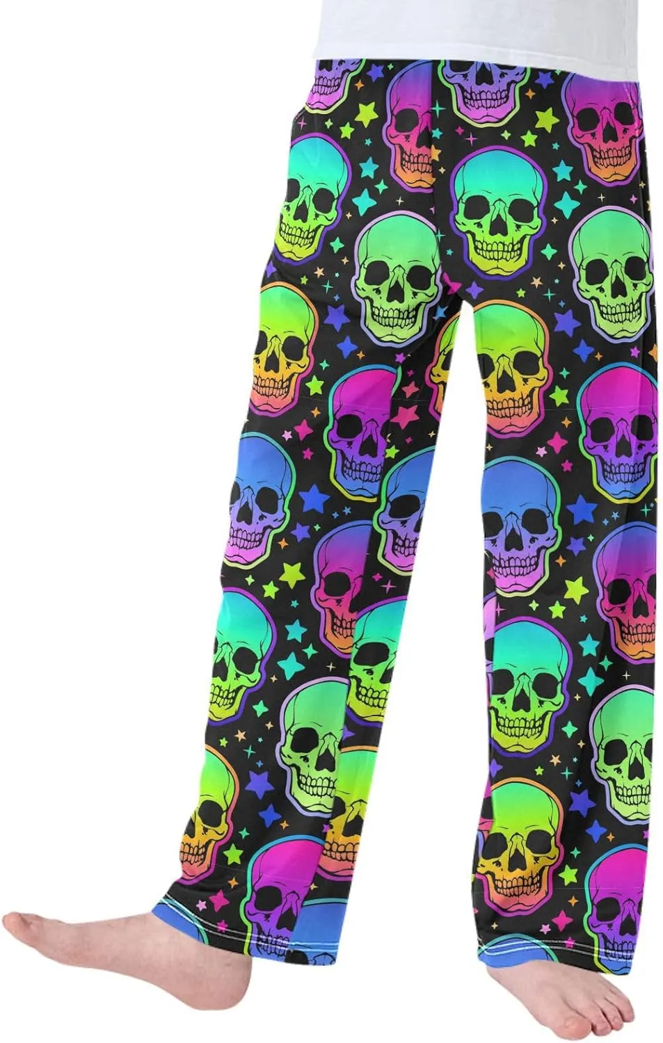 Pigsaly Boys' Pants Neon Bright Human Skulls Long Bottoms Rainbow Stars Jogger Pants Elastic Waist Trousers with Pockets S