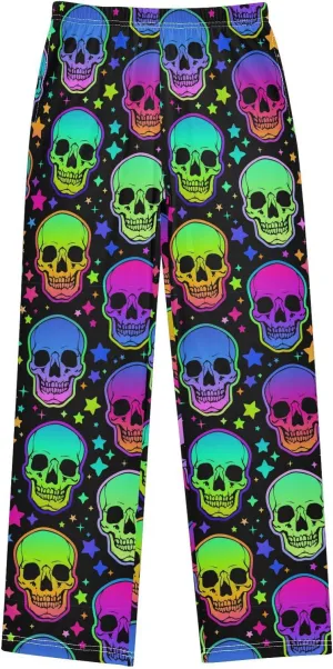 Pigsaly Boys' Pants Neon Bright Human Skulls Long Bottoms Rainbow Stars Jogger Pants Elastic Waist Trousers with Pockets S