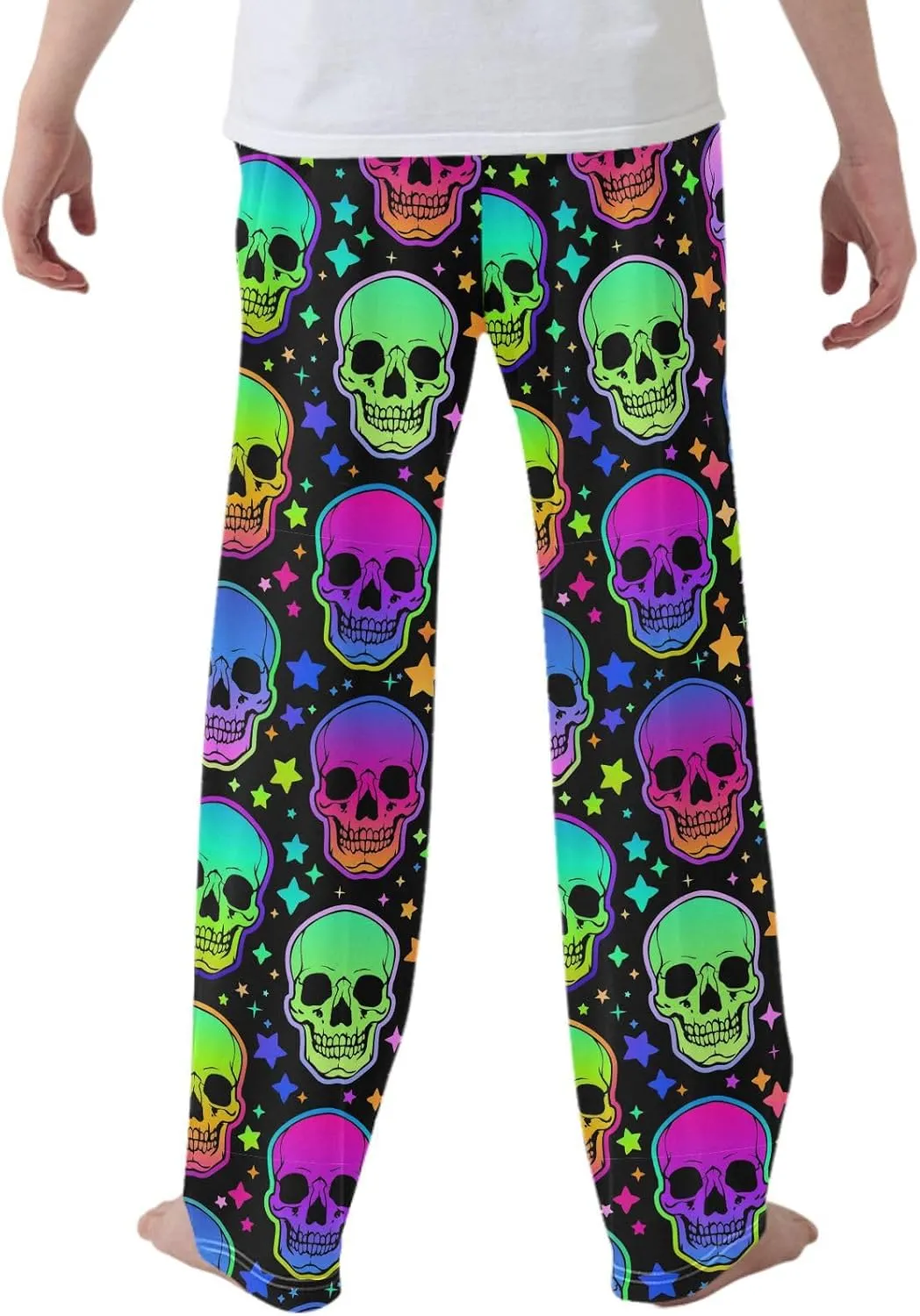 Pigsaly Boys' Pants Neon Bright Human Skulls Long Bottoms Rainbow Stars Jogger Pants Elastic Waist Trousers with Pockets S