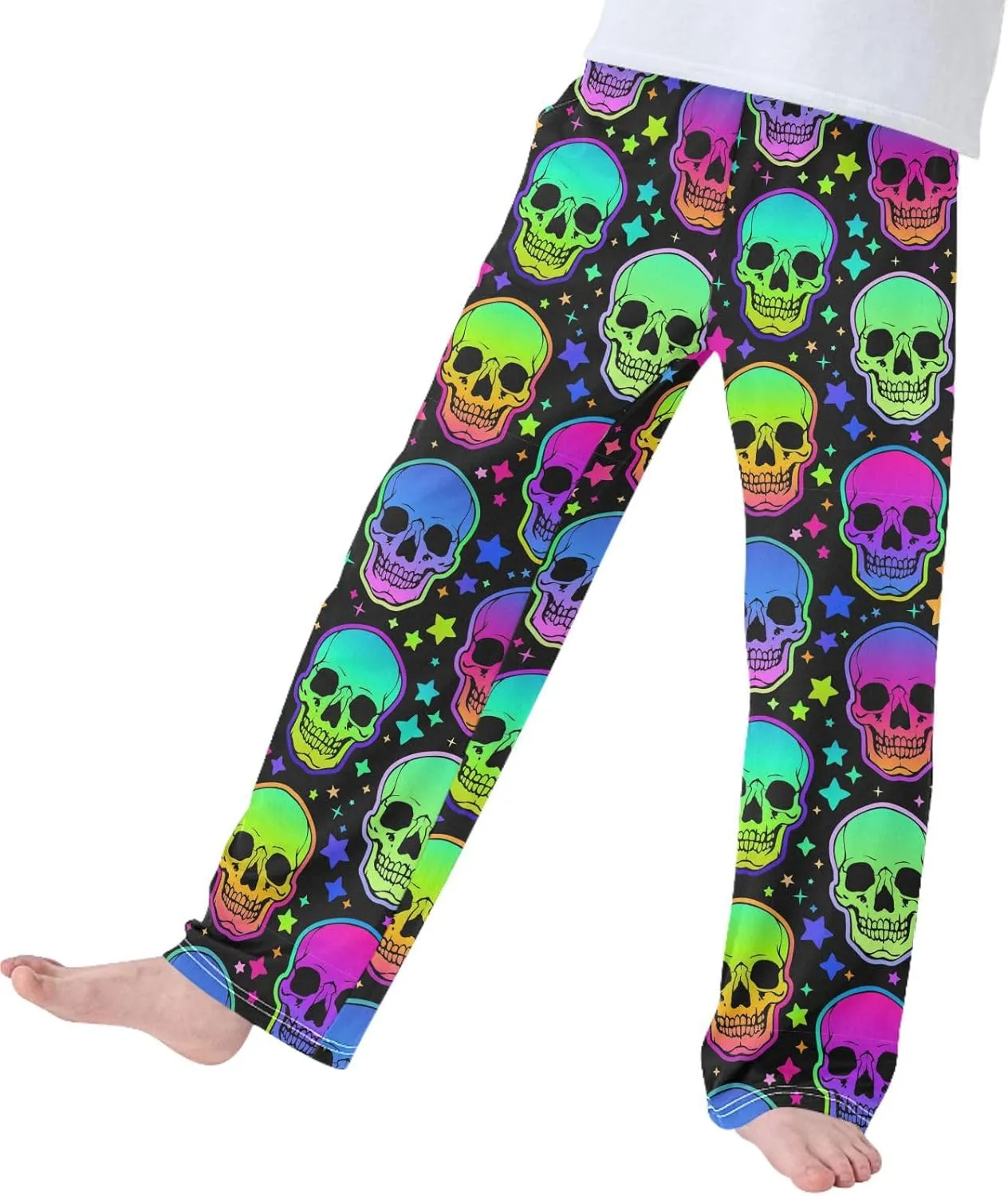Pigsaly Boys' Pants Neon Bright Human Skulls Long Bottoms Rainbow Stars Jogger Pants Elastic Waist Trousers with Pockets S