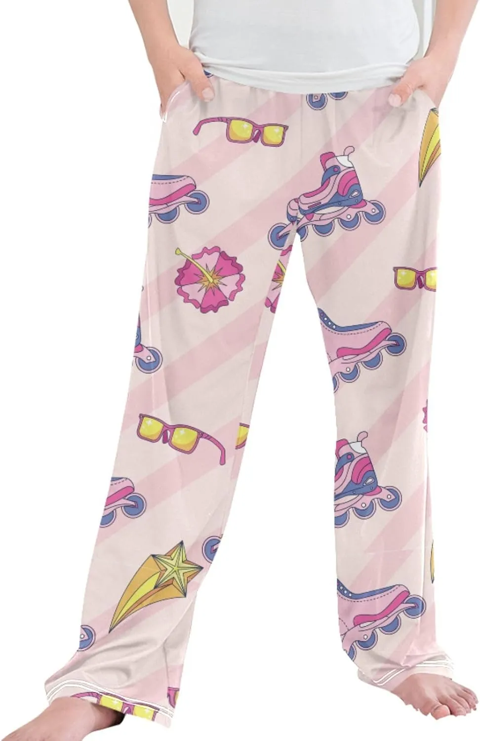 Pigsaly Boys' Pants Retro Pink Roller Skate Long Bottoms Gold Stars Strip Jogger Pants Elastic Waist Trousers With S