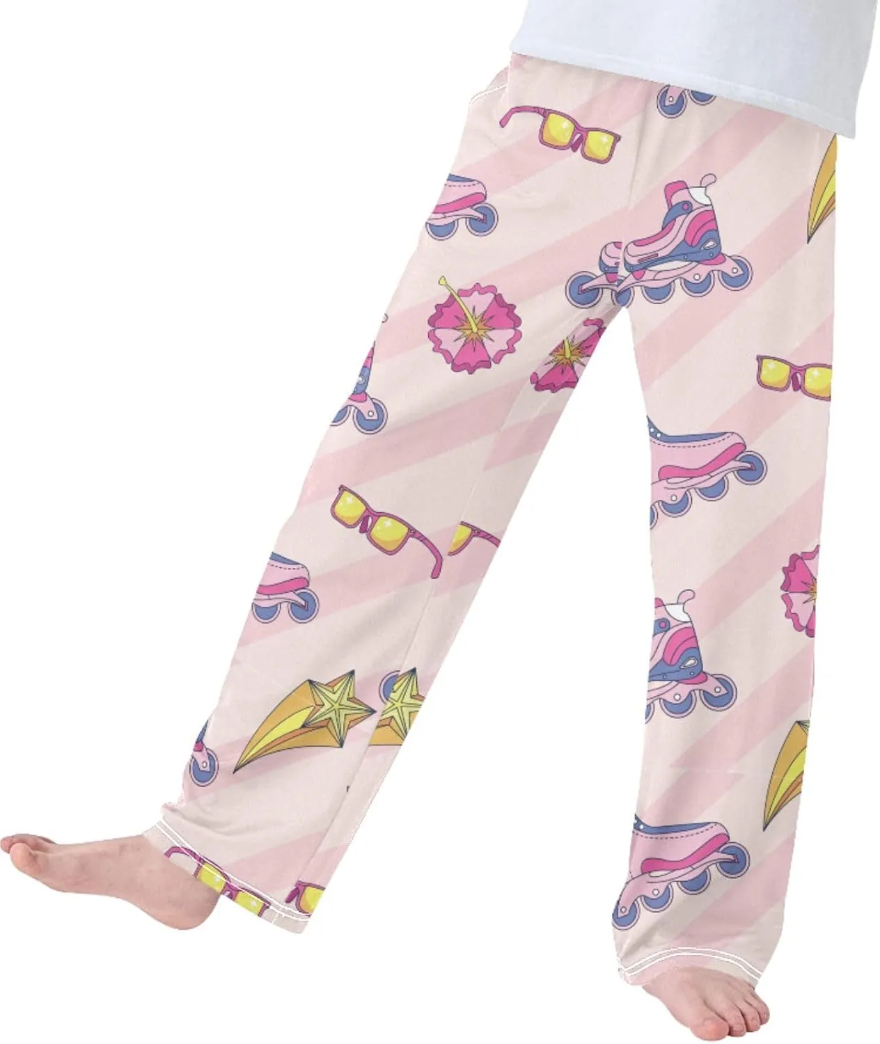 Pigsaly Boys' Pants Retro Pink Roller Skate Long Bottoms Gold Stars Strip Jogger Pants Elastic Waist Trousers With S