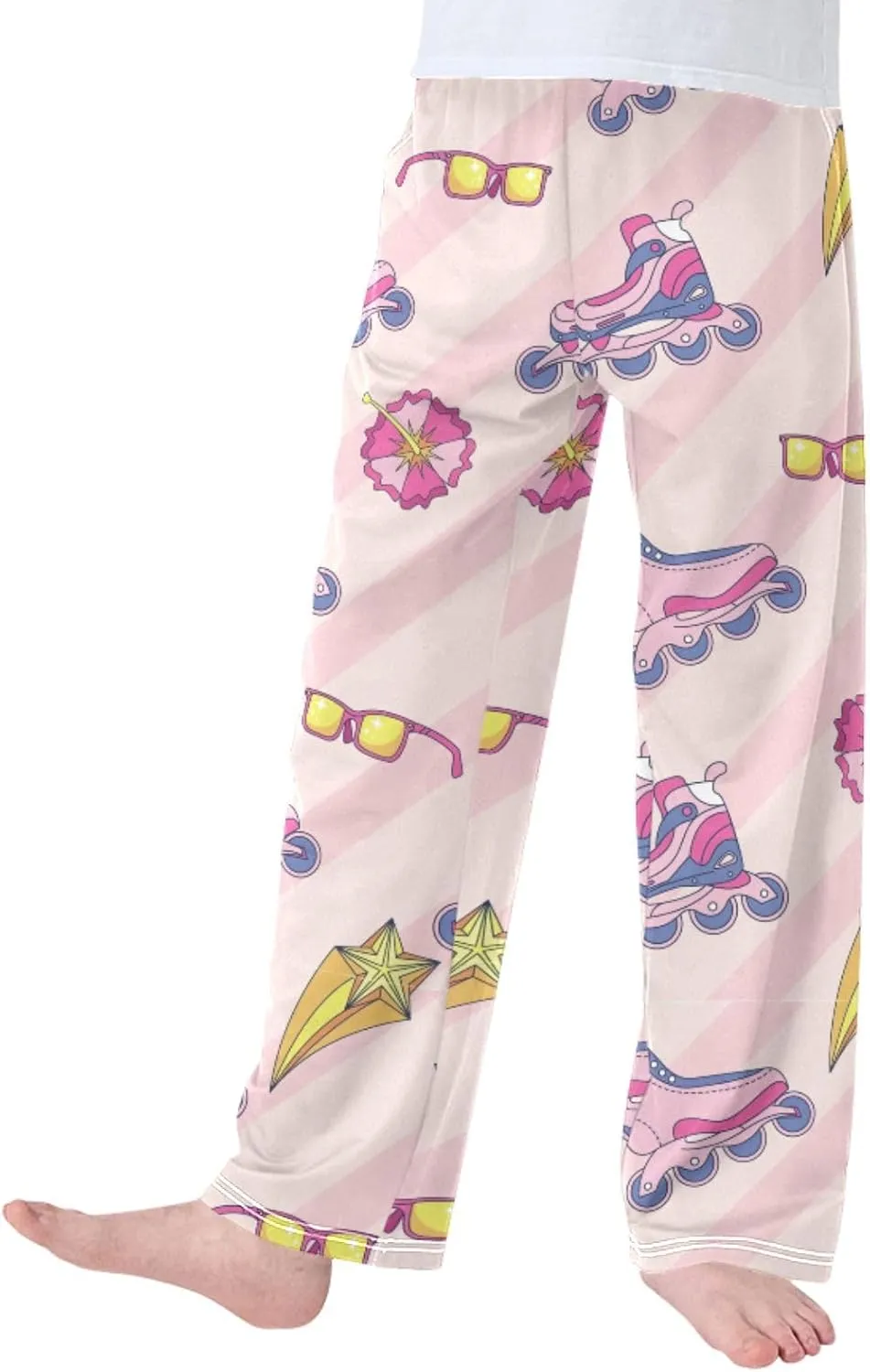 Pigsaly Boys' Pants Retro Pink Roller Skate Long Bottoms Gold Stars Strip Jogger Pants Elastic Waist Trousers With S