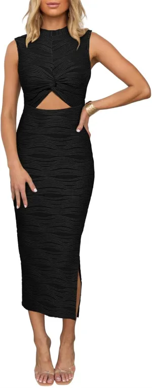 Pink Queen Sexy Sleeveless Cutout Bodycon Dress for Women 2024 Crewneck Twist Ruched Fitted Slit Knit Cocktail Party Outfits