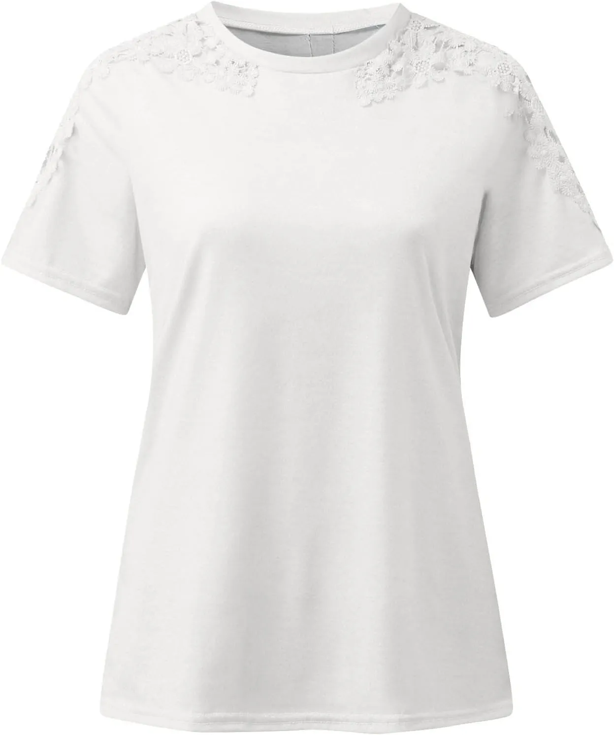 Plain T Shirts for Women 2023 Dressy Casual Short Sleeve Lace Blouse Sexy Crew Neck Solid Summer Top Classic Work Tee