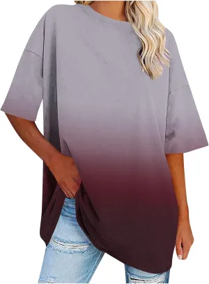 Plus Size Tops for Women Dressy Casual Summer Trendy Gradient Color Crewneck Short Sleeve Loose Fit Oversized Tshirts