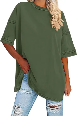 Plus Size Tops for Women Dressy Short Sleeve Split Oversized T-Shirts Casual Oversized Round Neck Tunic Shirt S-2XL