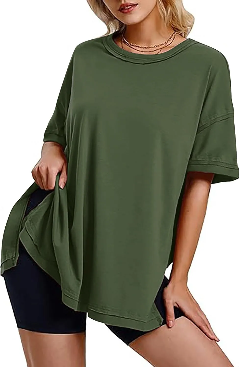 Plus Size Tops for Women Dressy Short Sleeve Split Oversized T-Shirts Casual Oversized Round Neck Tunic Shirt S-2XL
