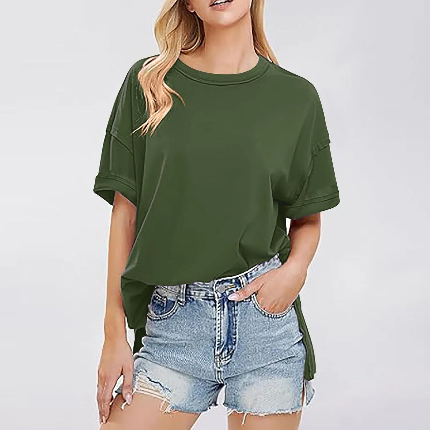 Plus Size Tops for Women Dressy Short Sleeve Split Oversized T-Shirts Casual Oversized Round Neck Tunic Shirt S-2XL