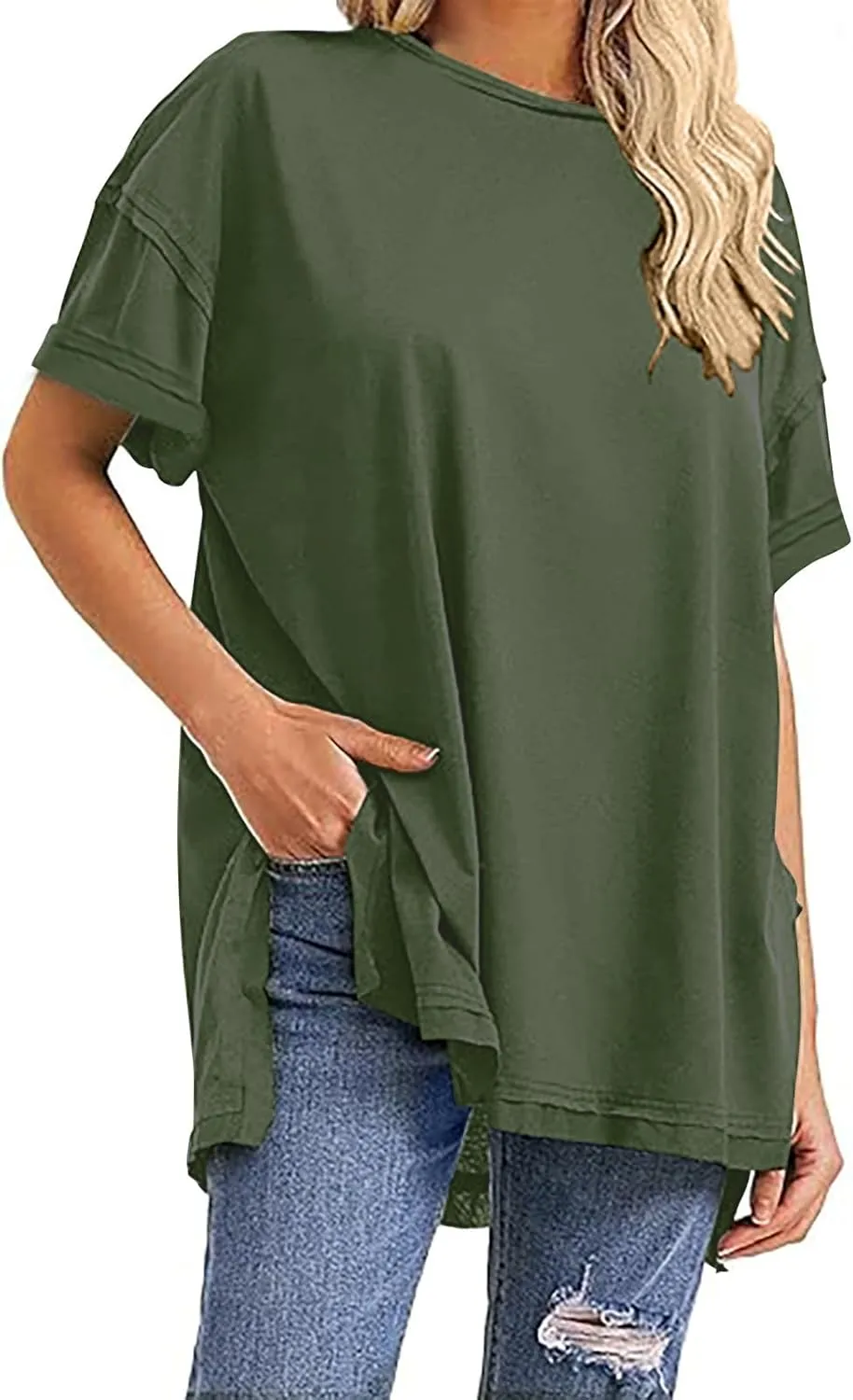 Plus Size Tops for Women Dressy Short Sleeve Split Oversized T-Shirts Casual Oversized Round Neck Tunic Shirt S-2XL