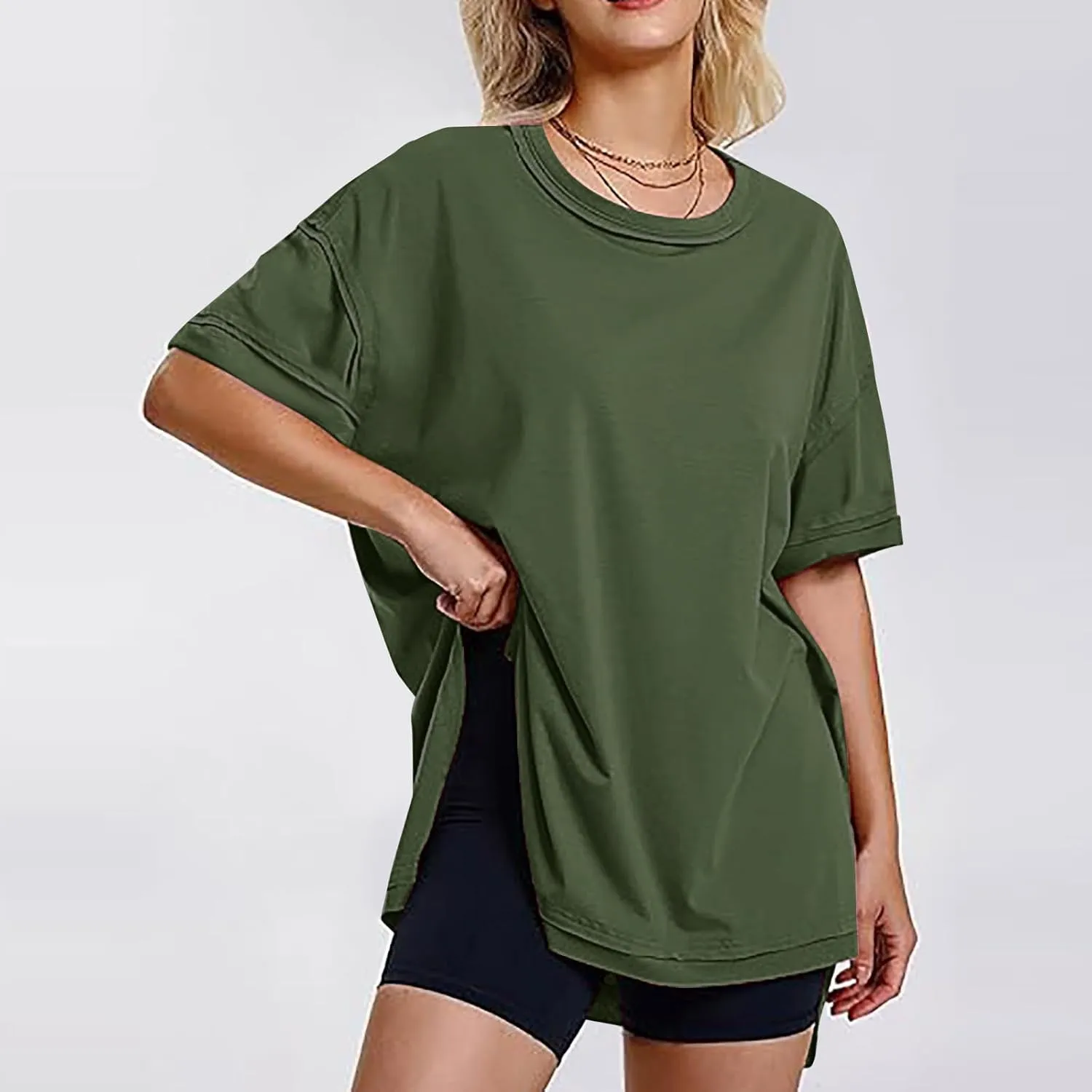 Plus Size Tops for Women Dressy Short Sleeve Split Oversized T-Shirts Casual Oversized Round Neck Tunic Shirt S-2XL