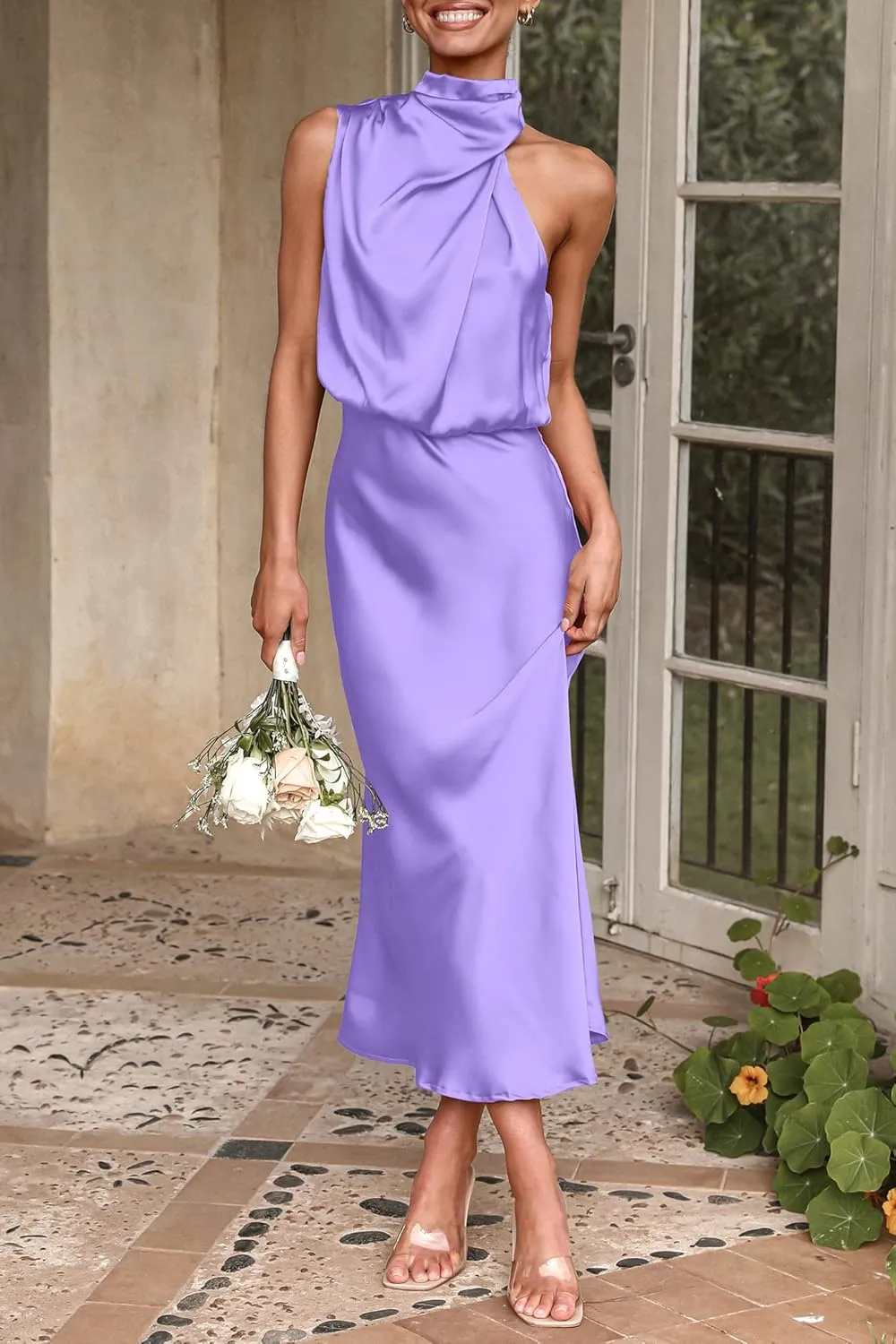 PRETTYGARDEN 2025 Women Summer Satin Dress Elegant Sleeveless Mock Neck Cocktail Party Maxi Dresses