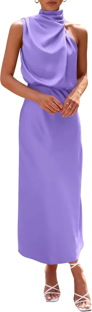 PRETTYGARDEN 2025 Women Summer Satin Dress Elegant Sleeveless Mock Neck Cocktail Party Maxi Dresses