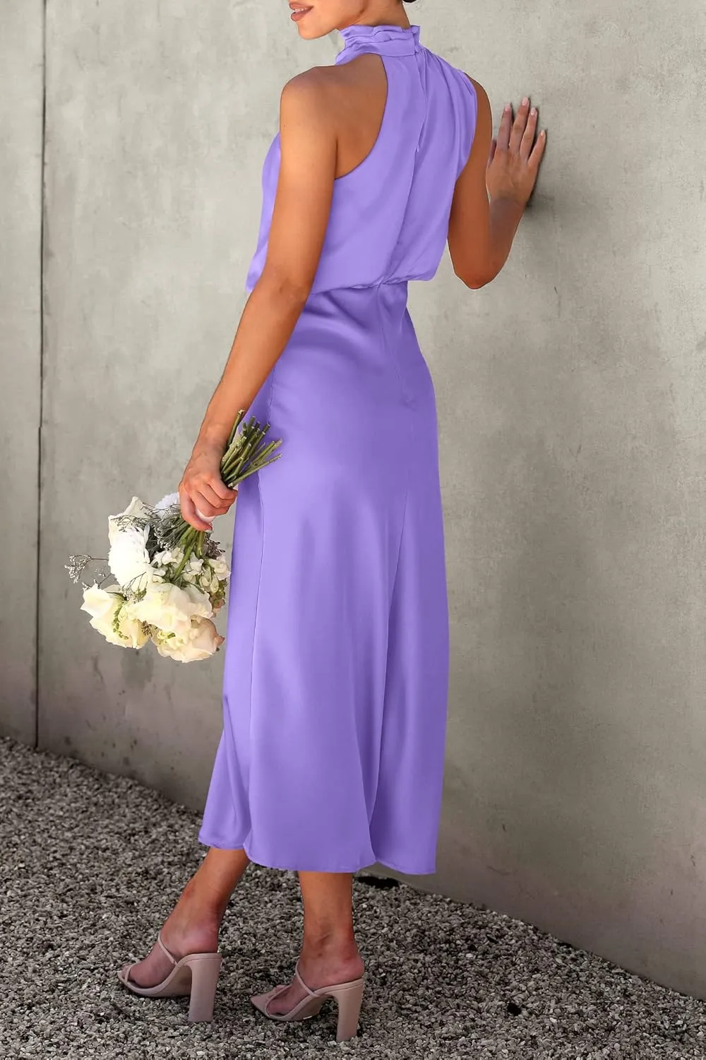 PRETTYGARDEN 2025 Women Summer Satin Dress Elegant Sleeveless Mock Neck Cocktail Party Maxi Dresses