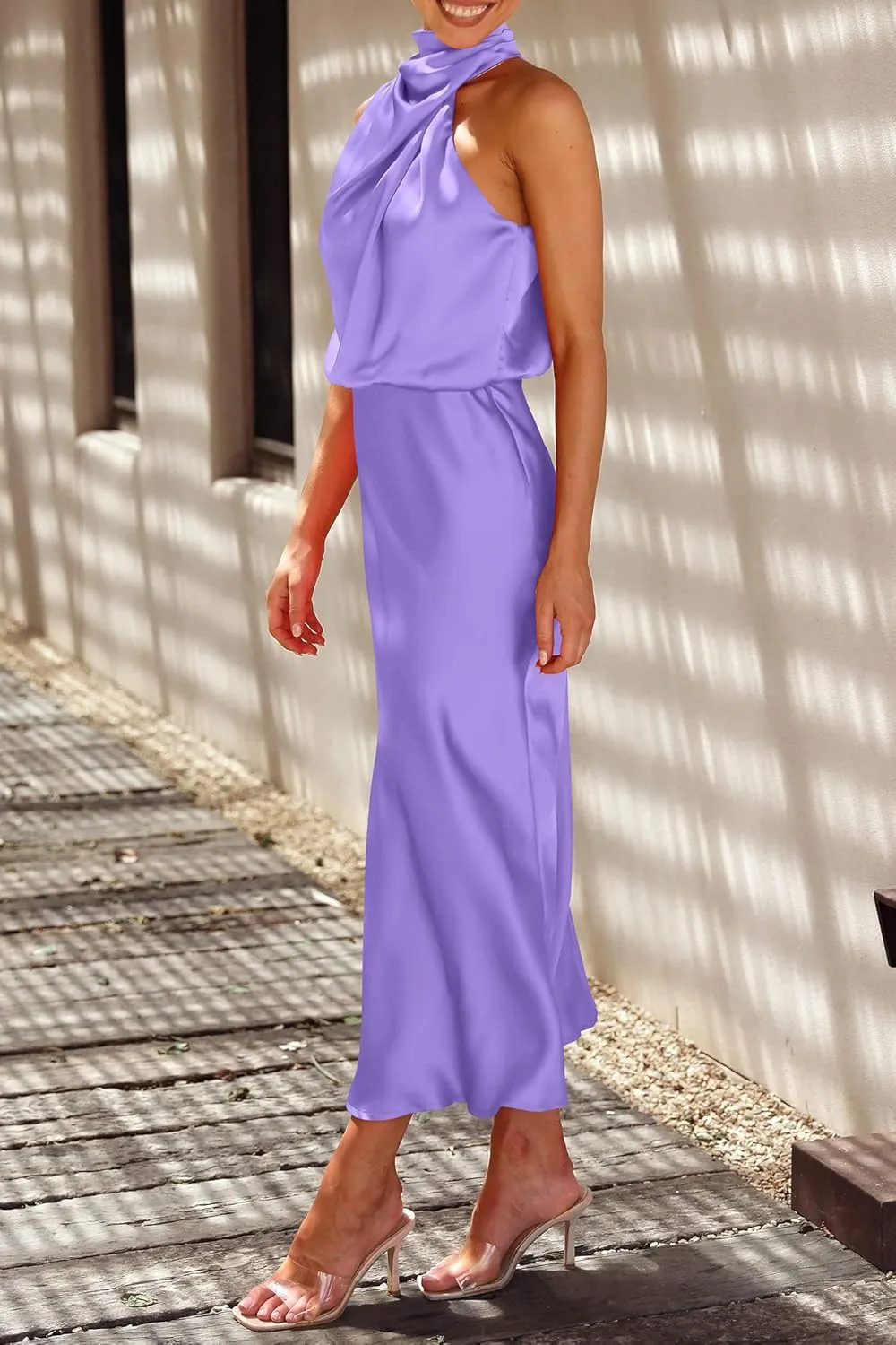 PRETTYGARDEN 2025 Women Summer Satin Dress Elegant Sleeveless Mock Neck Cocktail Party Maxi Dresses