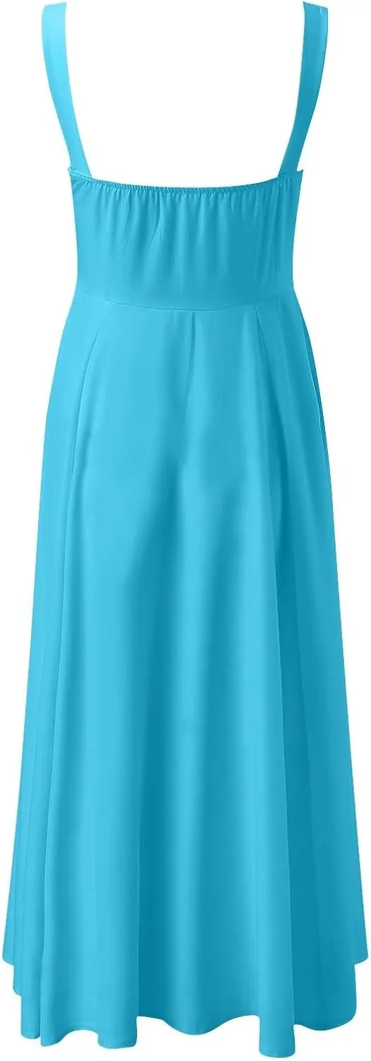 PTOLOCIF Sexy Sundresses for Women 2025 Summer Spaghetti Strap Dress Sleeveless Low Cut Bust Dress Beach Party Maxi Dresses
