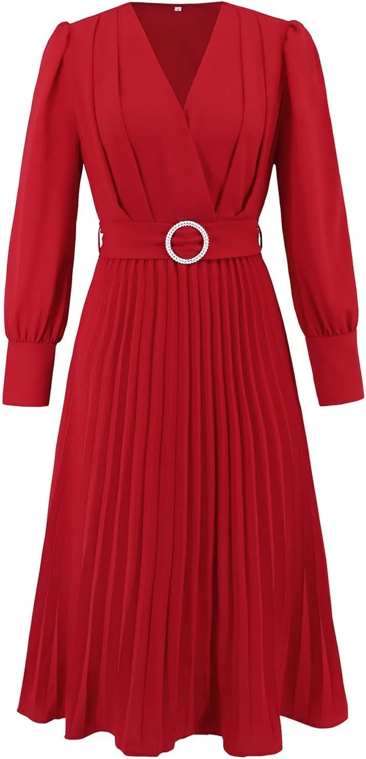 PTOLOCIF Wedding Guest Dresses for Women Wrap V Neck Midi Dress Casual Long Sleeve Party Dresses Pleated a Line Flowy Dress