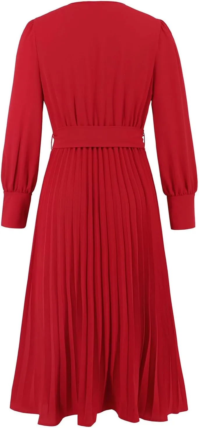 PTOLOCIF Wedding Guest Dresses for Women Wrap V Neck Midi Dress Casual Long Sleeve Party Dresses Pleated a Line Flowy Dress