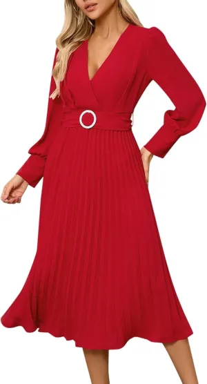 PTOLOCIF Wedding Guest Dresses for Women Wrap V Neck Midi Dress Casual Long Sleeve Party Dresses Pleated a Line Flowy Dress