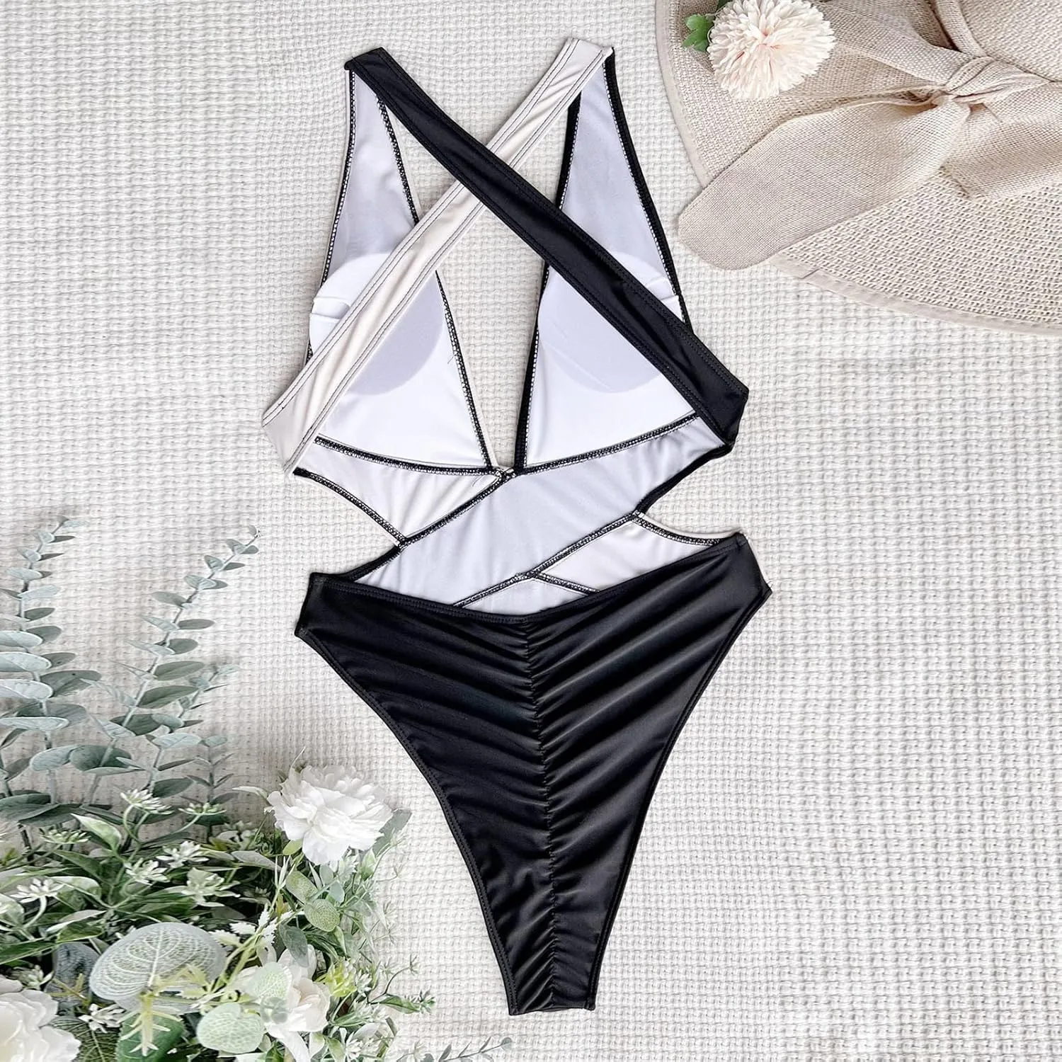 PTOLOCIF Women's One-Piece Swimsuits Scoop Neck Cutout Back Self Tie Bathing Suit Cheeky Swimsuits High Cut Swimwear