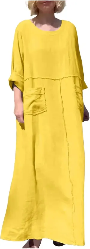 PTOLOCIF Womens Summer Cotton Linen Long Dress Half Sleeve Maxi Dresses O Neck Patchwork Shift Dress Flowy Vacation Sundress