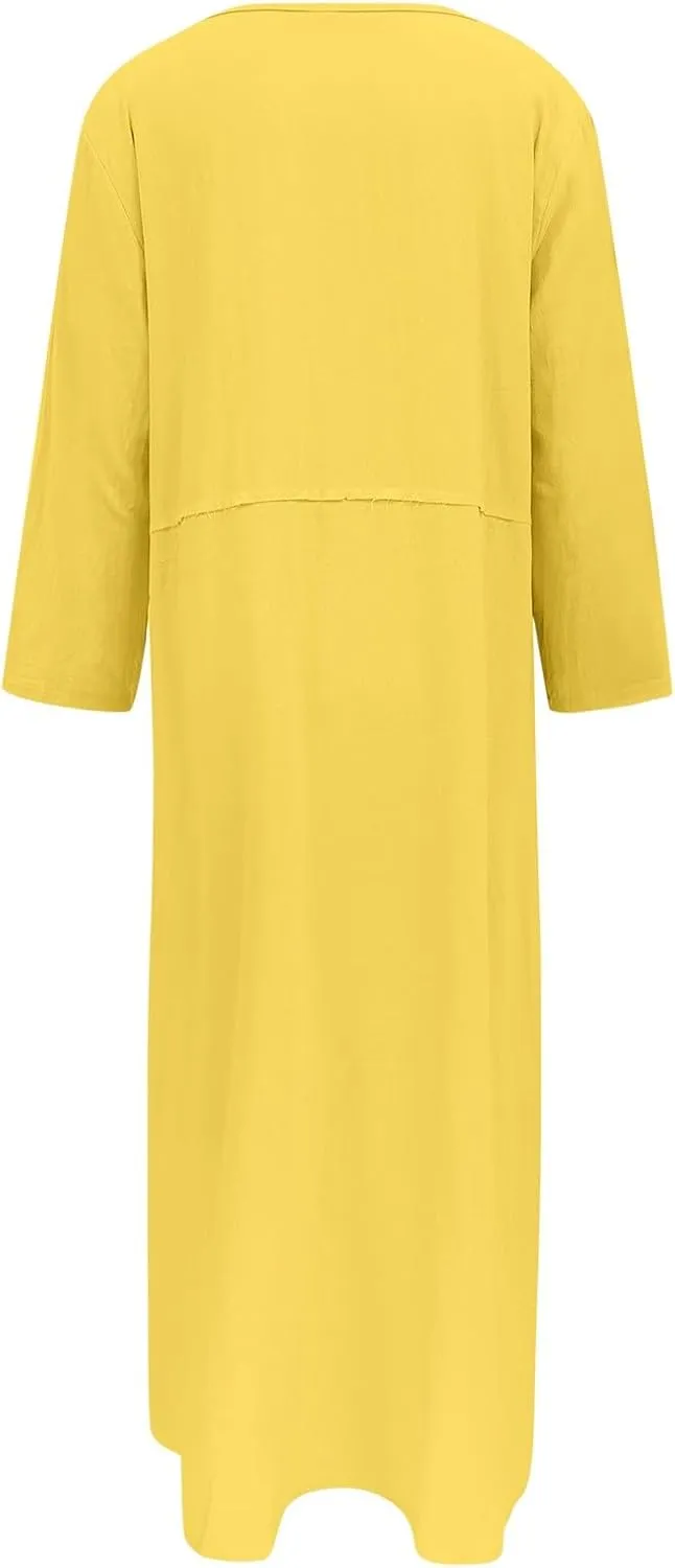 PTOLOCIF Womens Summer Cotton Linen Long Dress Half Sleeve Maxi Dresses O Neck Patchwork Shift Dress Flowy Vacation Sundress