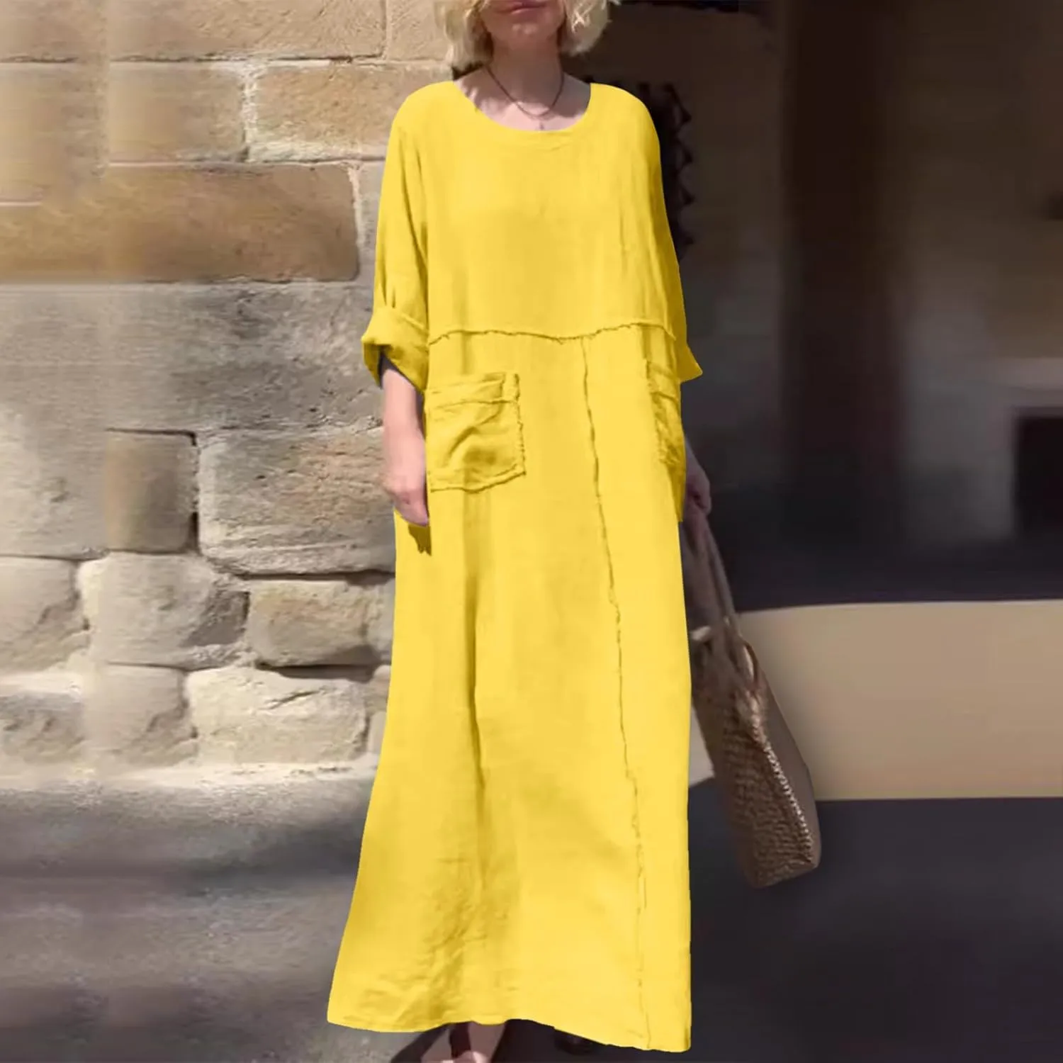 PTOLOCIF Womens Summer Cotton Linen Long Dress Half Sleeve Maxi Dresses O Neck Patchwork Shift Dress Flowy Vacation Sundress