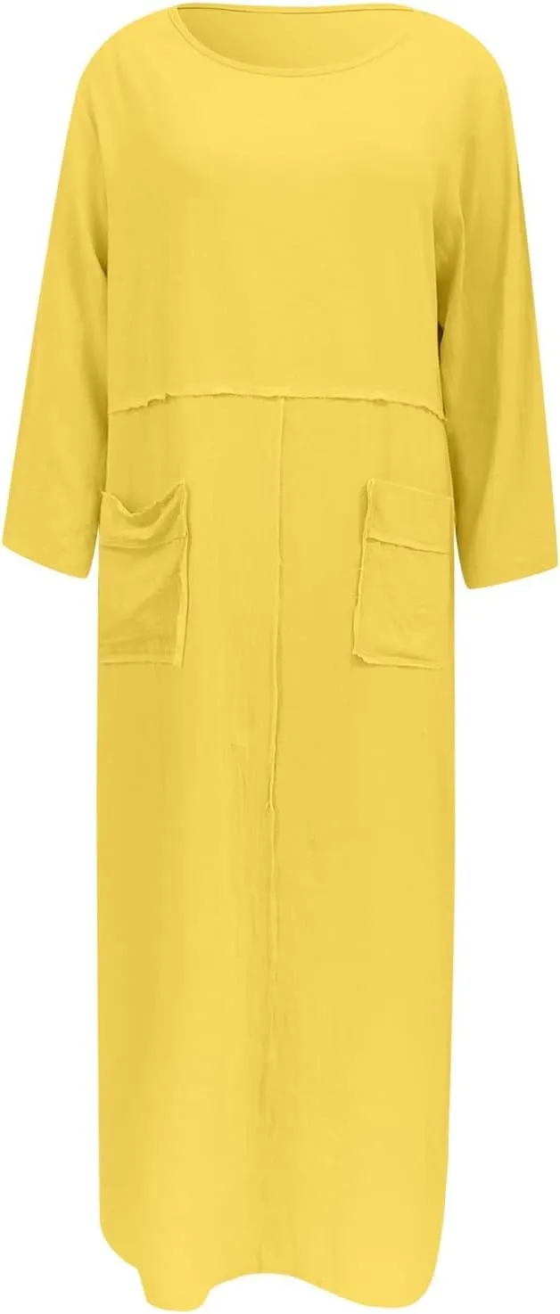 PTOLOCIF Womens Summer Cotton Linen Long Dress Half Sleeve Maxi Dresses O Neck Patchwork Shift Dress Flowy Vacation Sundress