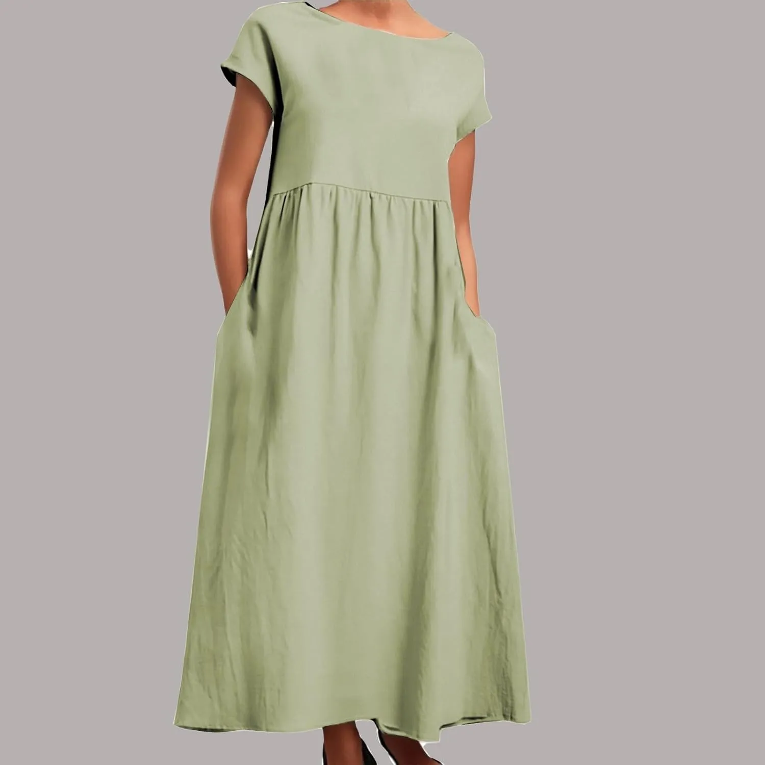 PTOLOCIF Womens Summer Short Sleeve Maxi Dress 2025 Casual Crewneck Linen Dress Pleated Swing a Line Long Dresses with Pocket