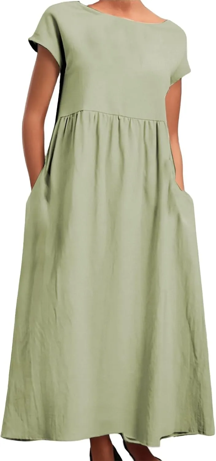 PTOLOCIF Womens Summer Short Sleeve Maxi Dress 2025 Casual Crewneck Linen Dress Pleated Swing a Line Long Dresses with Pocket