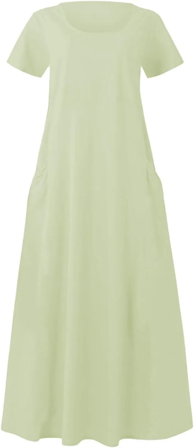 PTOLOCIF Womens Summer Short Sleeve Maxi Dress 2025 Casual Crewneck Linen Dress Pleated Swing a Line Long Dresses with Pocket