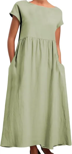 PTOLOCIF Womens Summer Short Sleeve Maxi Dress 2025 Casual Crewneck Linen Dress Pleated Swing a Line Long Dresses with Pocket